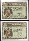 1938. Burgos. 1 peseta. (Ed. D29a) (Ed. 428b). 30 de abril. Pareja correlativa, serie N, última serie emitida. S/C.