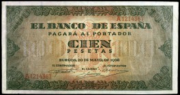 1938. Burgos. 100 pesetas. (Ed. D33) (Ed. 432). 20 de mayo. Serie A. Dobleces. (MBC+).