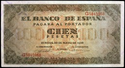 1938. Burgos. 100 pesetas. (Ed. D33a) (Ed. 432a). 20 de mayo. Serie G. Pleno apresto. S/C-.