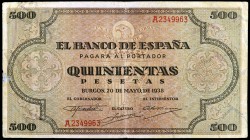 1938. Burgos. 500 pesetas. (Ed. D34) (Ed. 433). 20 de mayo. Raro. MBC-.