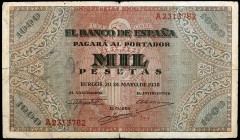 1938. Burgos. 1000 pesetas. (Ed. D35) (Ed. 434). 20 de mayo. Serie A. Pequeñas roturas. Raro. BC+.