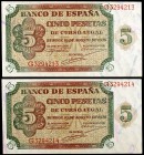 1938. Burgos. 5 pesetas. (Ed. D36a). 10 de agosto. Pareja correlativa, serie G. S/C-.