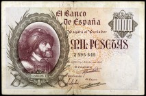 1940. 1000 pesetas. (Ed. D46) (Ed. 445). 21 de octubre, Carlos I. Dobleces. Raro. MBC-.