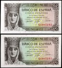 1943. 5 pesetas. (Ed. D47a) (Ed. 446a). 13 de febrero, Isabel la Católica. Pareja correlativa, serie A. S/C.