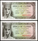 1945. 5 pesetas. (Ed. D47a). 13 de febrero, Isabel la Católica. Pareja correlativa, serie D. S/C-.