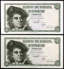 1948. 5 pesetas. (Ed. D56a). 5 de marzo, Elcano. 2 billetes, serie I. Numeraciones similares: I01374616 y I01374645. S/C-.