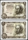 1951. 1 peseta. (Ed. D62a). 19 de noviembre, Don Quijote. Serie E. 2 billetes con numeraciones similares.: E1978662 y E1978684. S/C-.