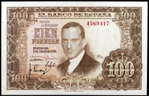 1953. 100 pesetas. (Ed. D65). 7 de abril, Romero de Torres. Sin serie. Ligero doblez en el lateral izquierdo. Escaso. S/C-.