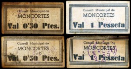 Montcortès. 50 céntimos (dos) y 1 peseta (dos). (T. 1741 y 1742). Lote de 4 cartones. BC/MBC-.