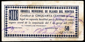 Planes de Montsià. Consell Municipal. 50 céntimos. (T. 2163b). Escaso. MBC.