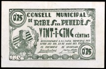 Ribes del Penedès. 25 (dos), 50 céntimos y 1 peseta. (T. 2442 (dos), 2443 y 2444 (dos)). 5 billetes, todos los de la localidad. BC+/MBC+.