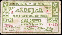 1937. Andújar (Jaén). Industria y comercio. 25 céntimos. (KG. 100). MBC.