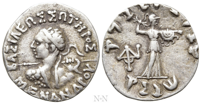 KINGS OF BAKTRIA. Menander I Soter (Circa 155-130 BC). Drachm. 

Obv: ΒΑΣΙΛΕΩΣ...