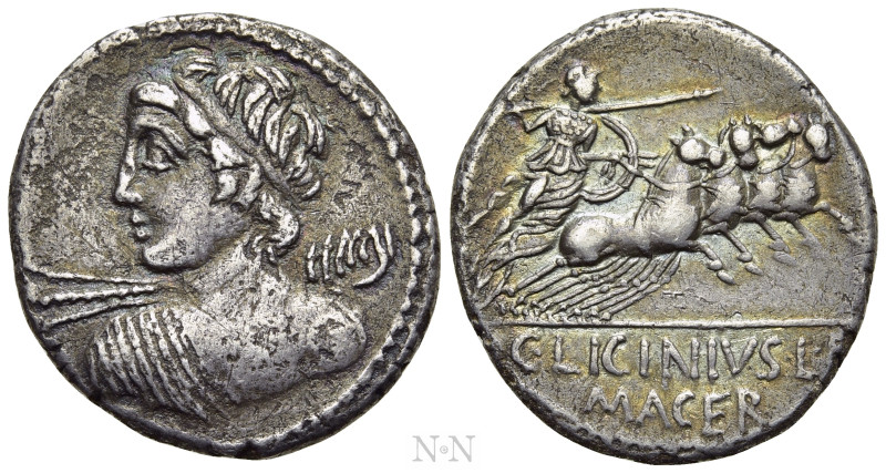 C. LICINIUS L.F. MACER. Denarius (84 BC). Rome. 

Obv: Bust of Apollo Vejovis ...