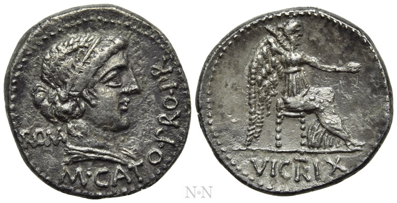 M. PORCIUS CATO. Denarius (47-46 BC). Utica. 

Obv: ROMA / M CATO PRO PR. 
Dr...