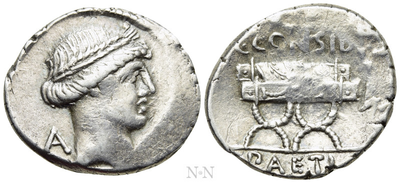 C. CONSIDIUS PAETUS. Denarius (46 BC). Rome. 

Obv: Laureate head of Apollo ri...