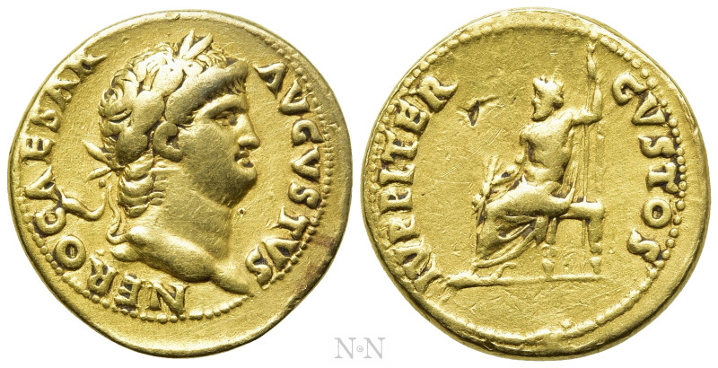 NERO (54-68). GOLD Aureus. Rome.

Obv: NERO CAESAR AVGVSTVS.
Laureate head ri...