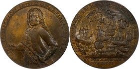 1739 Admiral Vernon Medal. Porto Bello with Vernon's Portrait Alone. Adams-Chao PBv 21-Q, M-G 45. Rarity-6. Pinchbeck. AU-55 (PCGS).

36.5 mm. 277.5...