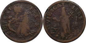 Undated (ca. 1652-1674) St. Patrick Farthing. Martin 1a.2-Ba.14, W-11500. Rarity-7. Copper. Nothing Below King. Fine-12 (PCGS).

87.8 grains.

PCG...