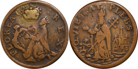 Undated (ca. 1652-1674) St. Patrick Farthing. Martin 1c.5-Ba.4, W-11500. Rarity-6. Copper. Nothing Below King. VF-25 (PCGS).

117.4 grains. Really a...