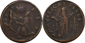 Undated (ca. 1652-1674) St. Patrick Farthing. Martin 1c.15-Ba.15, W-11500. Rarity-6+. Copper. Nothing Below King. Fine Details--Environmental Damage (...