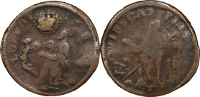 Undated (ca. 1652-1674) St. Patrick Farthing. Martin 1c.28-Ca.21, W-11500. Rarity-7. Copper. Nothing Below King. Fine-12 (PCGS).

71.4 grains. One o...