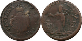 Undated (ca. 1652-1674) St. Patrick Farthing. Martin 2c.1-NR.1, W-11500. Rarity-7+. Copper. Sea Beasts Below King. VG-10 (PCGS).

73.4 grains. There...