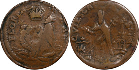 Undated (ca. 1652-1674) St. Patrick Farthing. Martin 3d.6-Fc.18, W-11500. Rarity-7. Copper. Sea Beasts Below King, Masonic Punctuation. VG-10 (PCGS)....