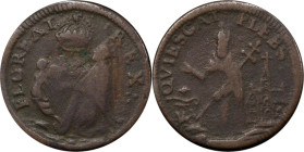 Undated (ca. 1652-1674) St. Patrick Farthing. Martin 3g.5-Db.4, W-11500. Rarity-7+. Copper. Sea Beasts Below King, Masonic Punctuation. Fine Details--...