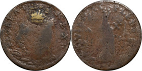 Undated (ca. 1652-1674) St. Patrick Farthing. Martin 3i.1-Fc.12, W-11500. Rarity-8. Copper. Sea Beasts Below King, Masonic Punctuation. VG-8 (PCGS).
...