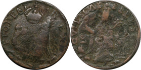 Undated (ca. 1652-1674) St. Patrick Farthing. Martin 4a.2-Ga.3, W-11500. Rarity-8. Copper. Sea Beasts Below King, Stars in Legend. Fine-12 (PCGS).

...