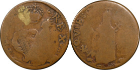 Undated (ca. 1652-1674) St. Patrick Farthing. Martin 4b.3-Gi.1, W-11500. Rarity-7+. Copper. Sea Beasts Below King, Stars in Legend. Good-4 (PCGS).

...