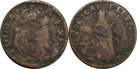 Undated (ca. 1652-1674) St. Patrick Farthing. Martin 4o.1-Ge.1, W-11500. Rarity-8. Copper. Sea Beasts Below King, Stars in Legend. Fine Details--Envir...