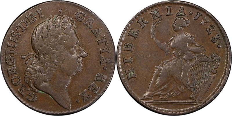 1723 Wood's Hibernia Halfpenny. Martin 4.42-Gc.20, W-13120. Rarity-3. EF-40 (PCG...