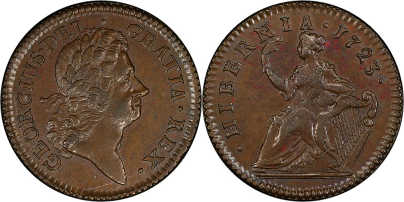 1723 Wood's Hibernia Halfpenny. Martin 4.44-Fa.3, W-13470. Rarity-3. AU-58+ (PCG...