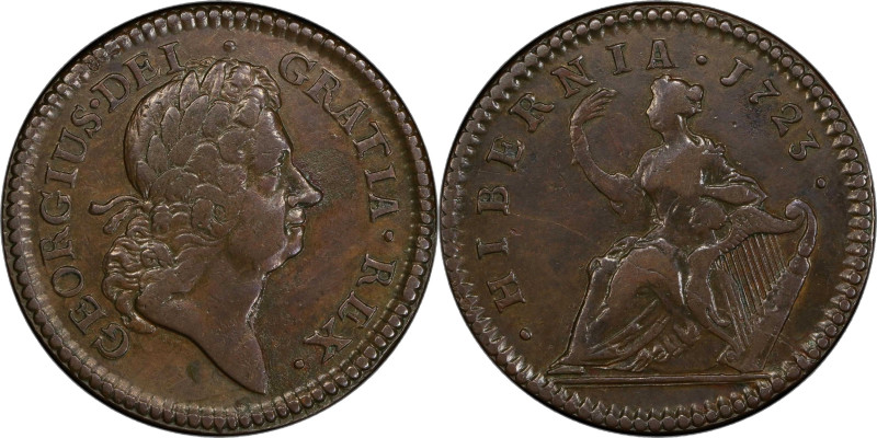 1723 Wood's Hibernia Halfpenny. Martin 4.44-Fa.5, W-13470. Rarity-4. EF-40 (PCGS...