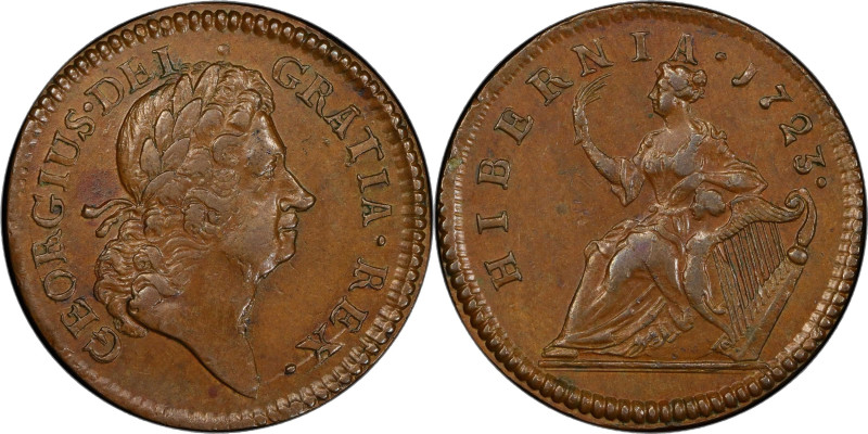1723 Wood's Hibernia Halfpenny. Martin 4.44-Gc.22, W-13120. Rarity-5. AU-53 (PCG...