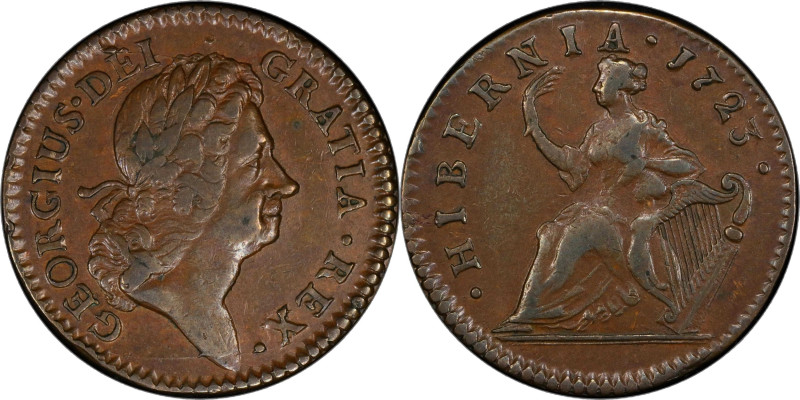 1723 Wood's Hibernia Halfpenny. Martin 4.45-Fb.1, W-13470. Rarity-6. EF-45 (PCGS...