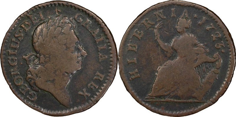 1723 Wood's Hibernia Halfpenny. Martin 4.45-Gc.22, W-13120. Rarity-6. Fine-12 (P...