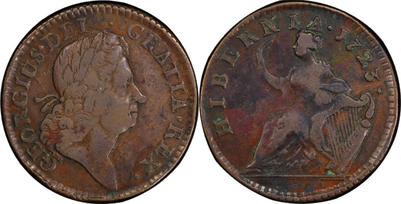 1723 Wood's Hibernia Halfpenny. Martin 4.47-Gb.7, W-13120. Rarity-4. EF-45 (PCGS...