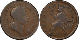 1723 Wood's Hibernia Halfpenny. Martin 4.48-Gc.28, W-13120. Rarity-5. Fine-15 (PCGS).

111.8 grains.

PCGS# 920954. NGC ID: F7J4.

From the Sydn...
