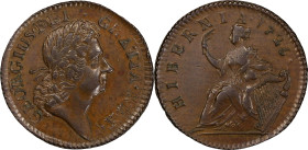 1723 Wood's Hibernia Halfpenny. Martin 4.50-Gc.9, W-13120. Rarity-7. AU-55 (PCGS).

109.4 grains. A hard and glossy example with a frosty texture to...