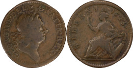 1723 Wood's Hibernia Halfpenny. Martin 4.52-Gc.9, W-13120. Rarity-6. Fine-15 (PCGS).

107.0 grains.

PCGS# 920962. NGC ID: F7J4.

From the Sydne...