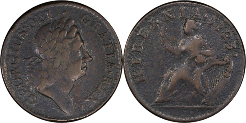 1723 Wood's Hibernia Halfpenny. Martin 4.54-Gb.7, W-13120. Rarity-7. VF Details-...