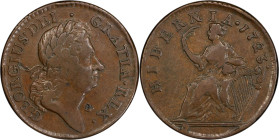 1723 Wood's Hibernia Halfpenny. Martin 4.54-Gc.41, W-13120. Rarity-6. VF Details--Damage (PCGS).

117.1 grains.

PCGS# 920967. NGC ID: F7J4.

Fr...