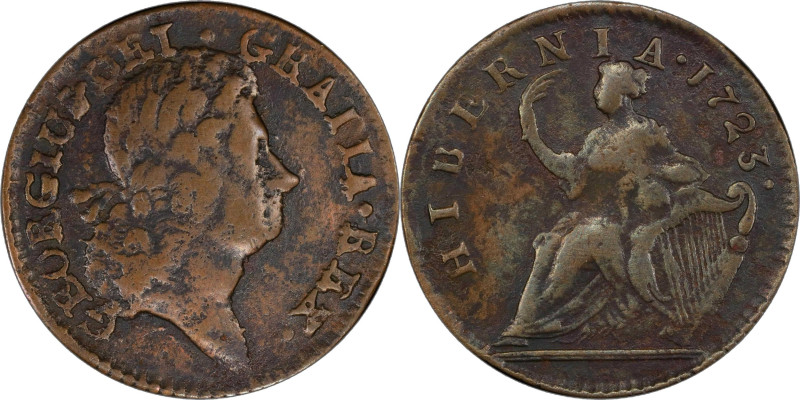 1723 Wood's Hibernia Halfpenny. Martin 4.56-Gc.28, W-13120. Rarity-6. VF Details...