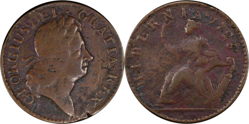 1723 Wood's Hibernia Halfpenny. Martin 4.56-Gc.44, W-13120. Rarity-8+. VF Detail...