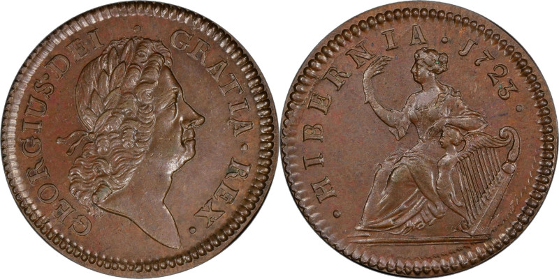1723 Wood's Hibernia Halfpenny. Martin 4.57-Fa.4, W-13470. Rarity-3. MS-63 BN (P...