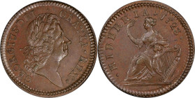 1723 Wood's Hibernia Halfpenny. Martin 4.57-Fa.4, W-13470. Rarity-3. MS-63 BN (PCGS).

116.7 grains. A rich brown example with brightly reflective f...
