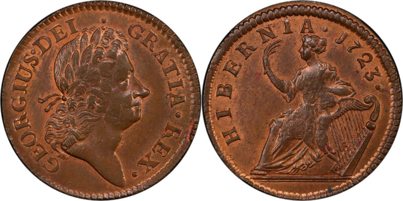 1723 Wood's Hibernia Halfpenny. Martin 4.57-Gc.13, W-13120. Rarity-3. MS-64 RB (...